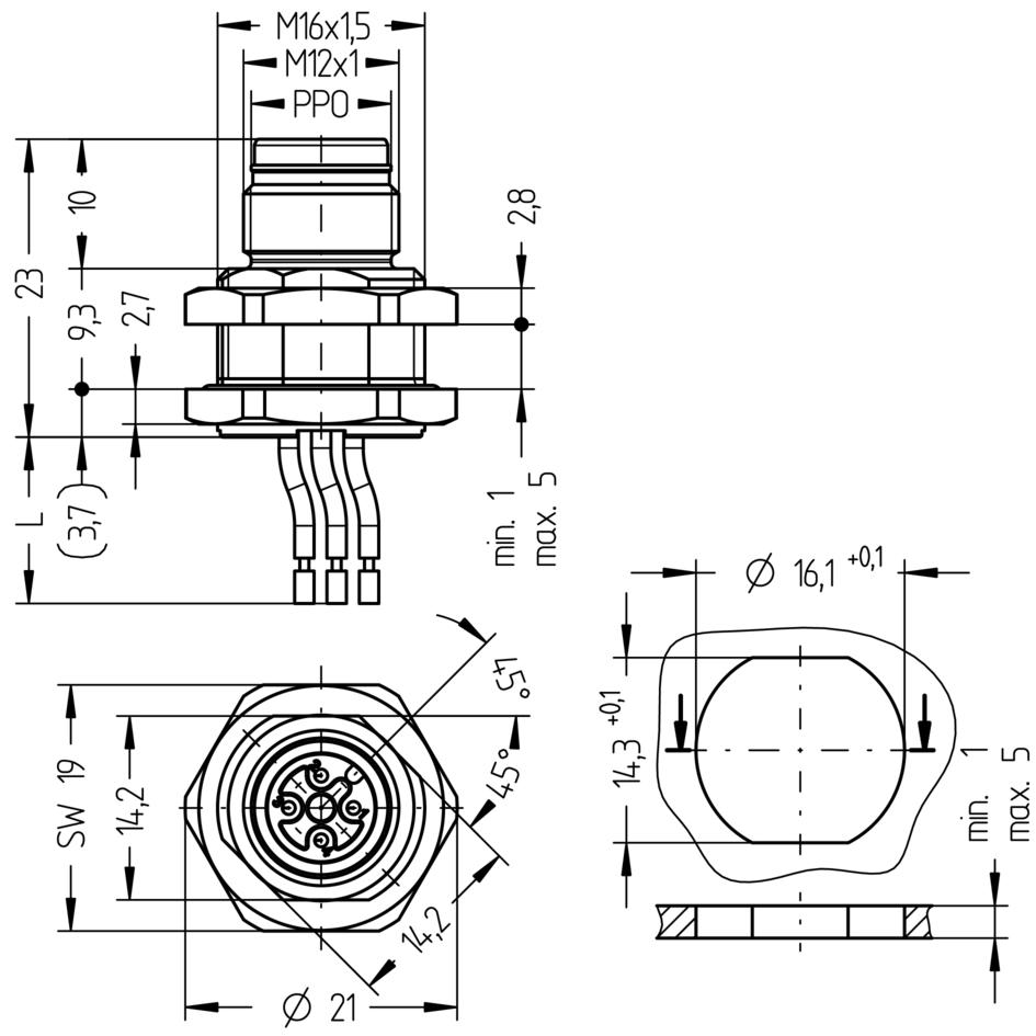 法兰, M12, Push-Pull outer locking, 公头, 直型, 4针脚, 后面板安装, 线芯连接