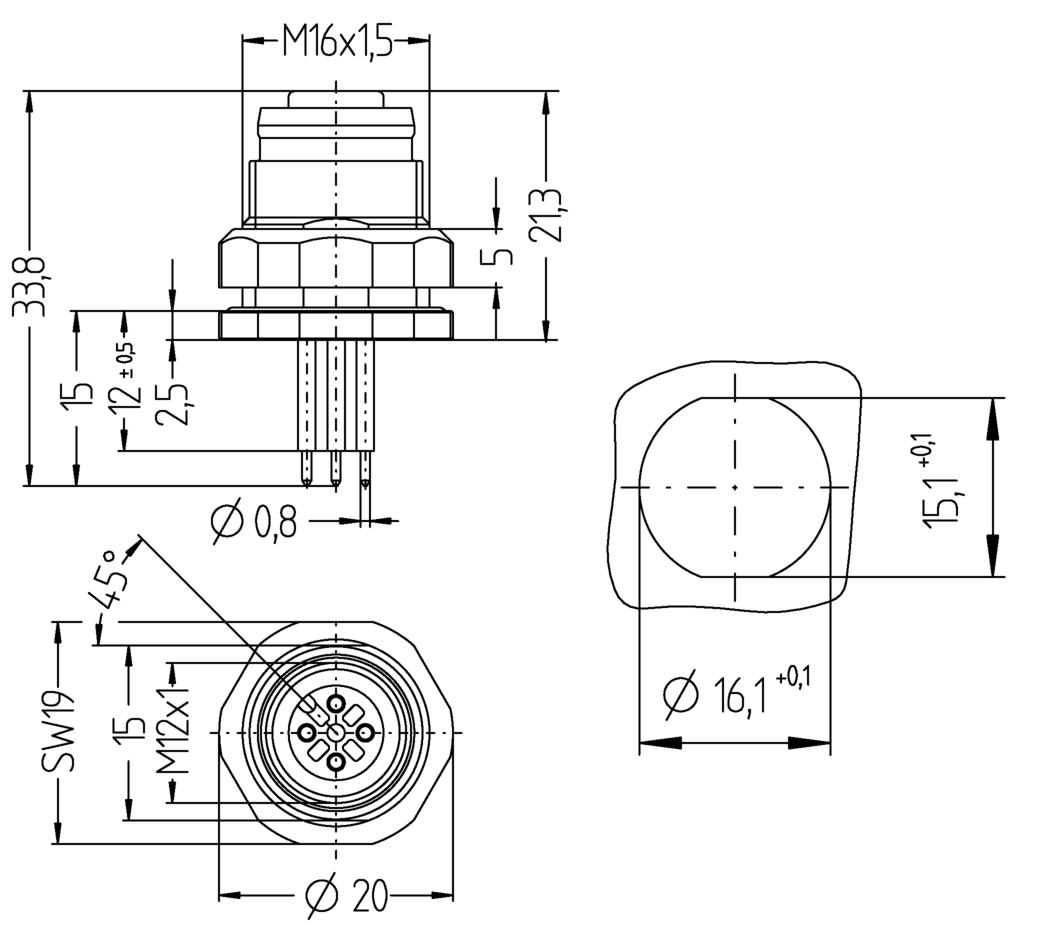 Receptacle, M12, female, straight, 12 poles, back wall-mounting, print contact