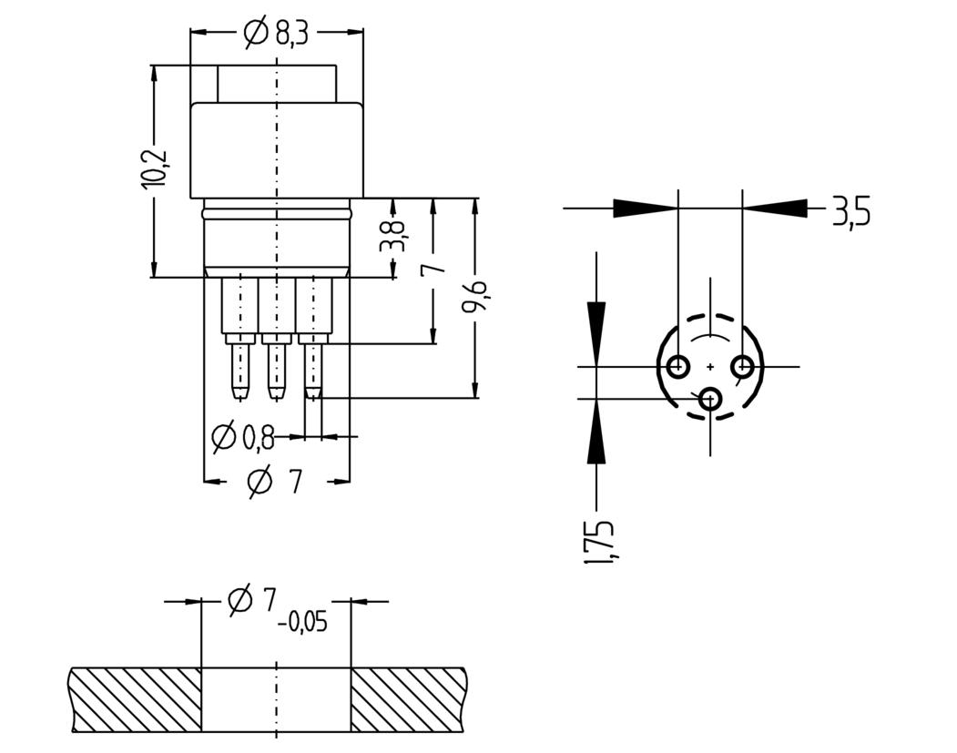 Einbaustecker, Ø8mm snap, Buchse, gerade, 3-polig, Printanschluss