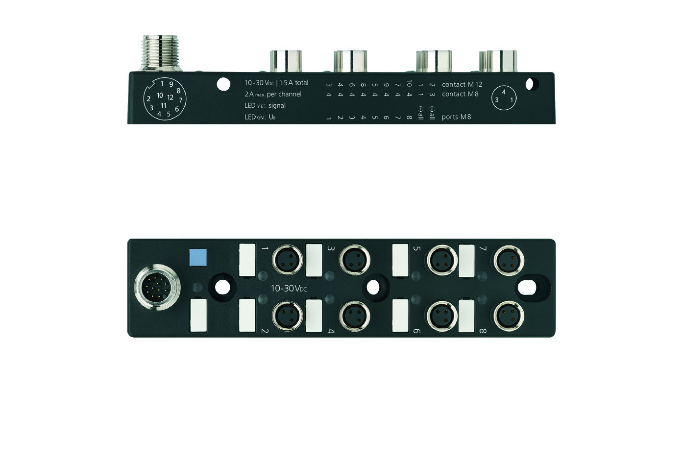 I/O-junctions passive, 8 ports, top contact, M8, female, 3 poles, M12, male, 12 poles