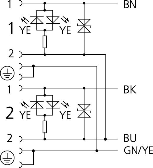 双阀连接器, 防护类型 A, 2+PE 桥接, 抑制二极管, 传感器/执行器电缆