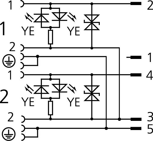 Double-valve connector, housing style A, 2+PE bridged, suppressor diode, M12 contact, sensor-/actuator cable