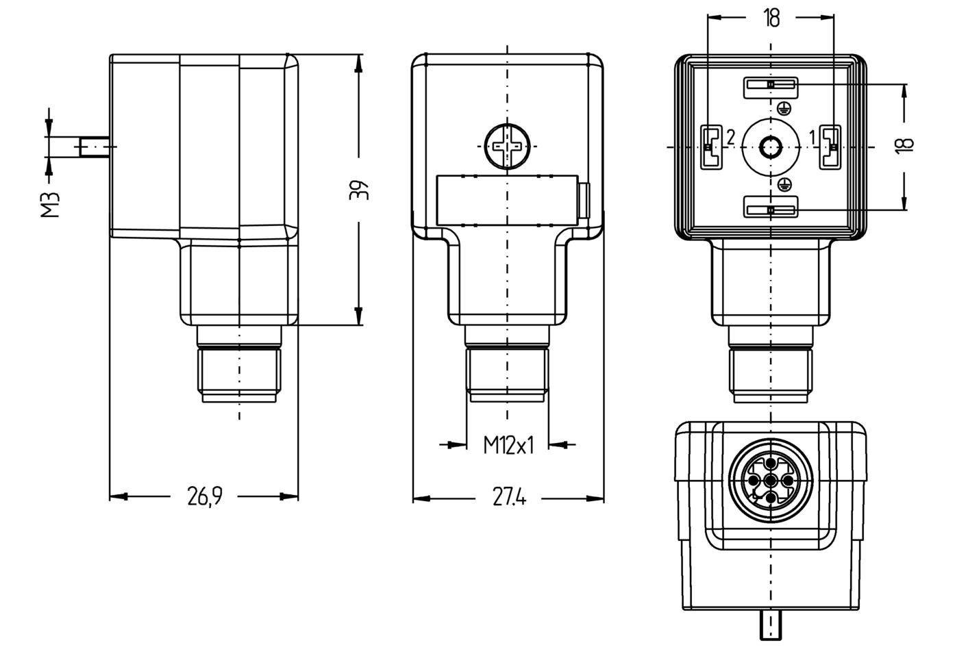 Adapter, Valve connector, housing style A, 2+PE bridged, M12, male, straight, 5 poles