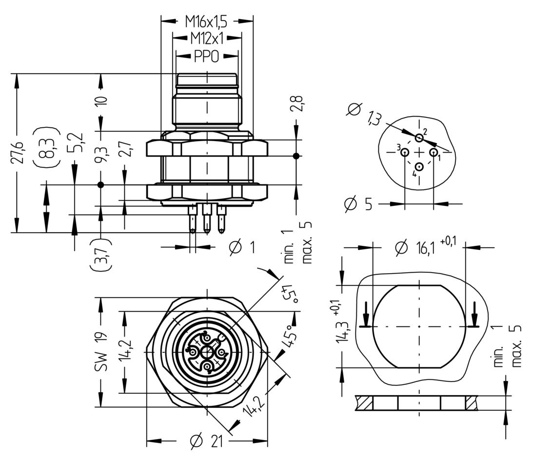 法兰, M12, Push-Pull outer locking, 公头, 直型, 4针脚, 后面板安装, PC板-连接