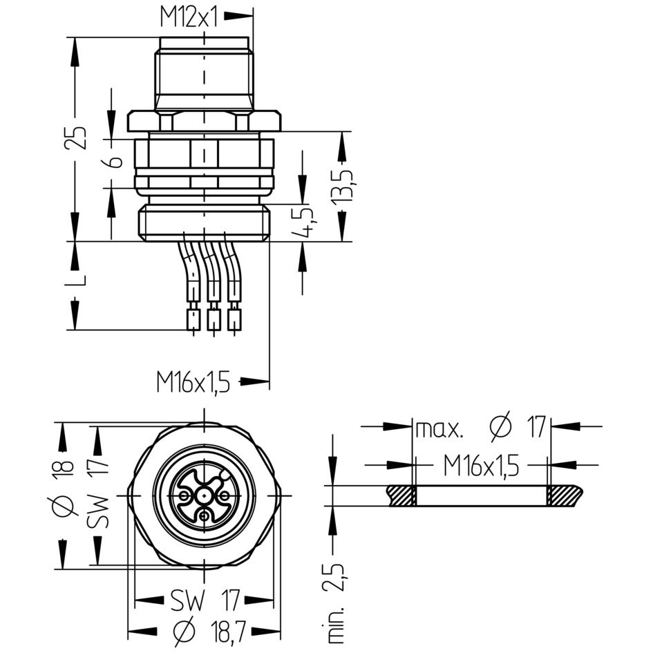 法兰, M12, 公头, 直型, 3针脚, 前面板安装, 线芯连接
