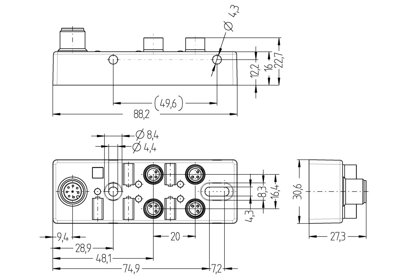 I/O-junctions passive, 4 ports, top contact, M8, female, 3 poles, M12, male, 8 poles