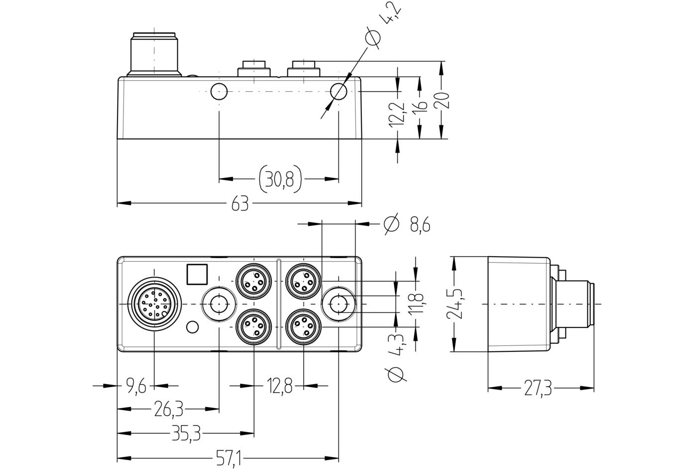 I/O-Modul passiv, 4 Ports, Topanschluss, Ø8mm snap, Buchse, 4-polig, M12, Stecker, 12-polig