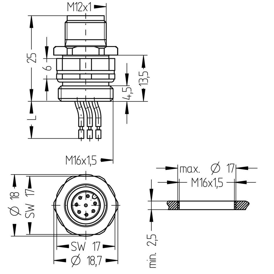 Un R118 Connectors Receptacle, M12, male, straight, 8 poles, front wall-mounting, wire contact
