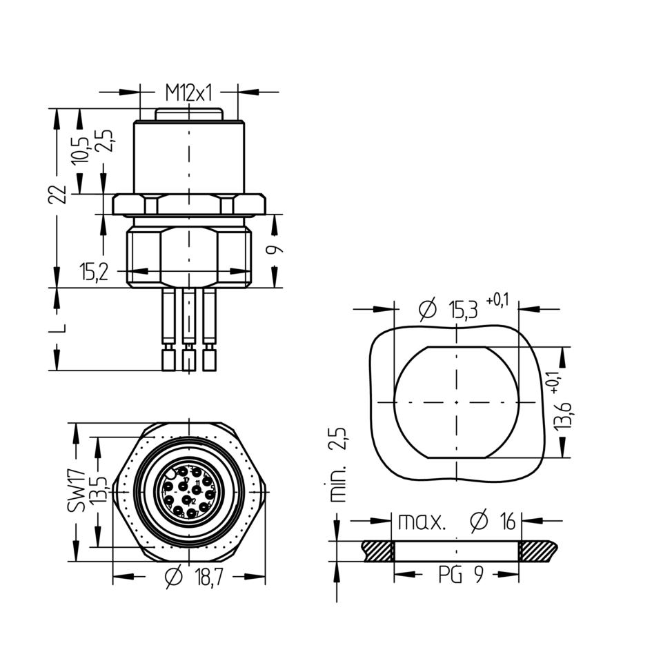 Receptacle, M12, female, straight, 12 poles, front wall-mounting, wire contact