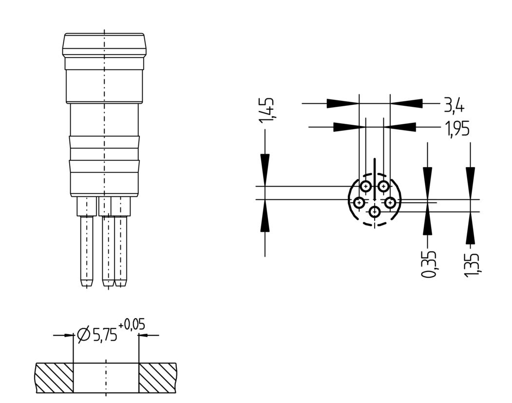 Panel connector, Ø8mm snap, male, straight, 5 poles, print contact