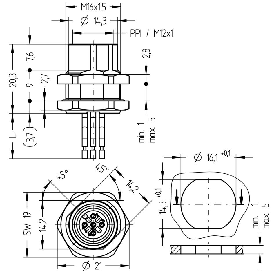 Receptacle, M12, Push-Pull inner locking, female, straight, 5 poles, back wall-mounting, wire contact