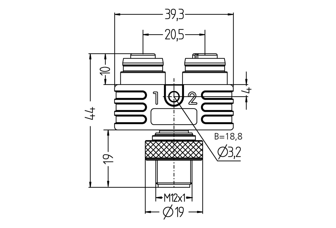 Y-Verteiler, M12, Stecker, gerade, 8-polig, M12, Buchse, gerade, 8-polig, M12, Buchse, gerade, 8-polig
