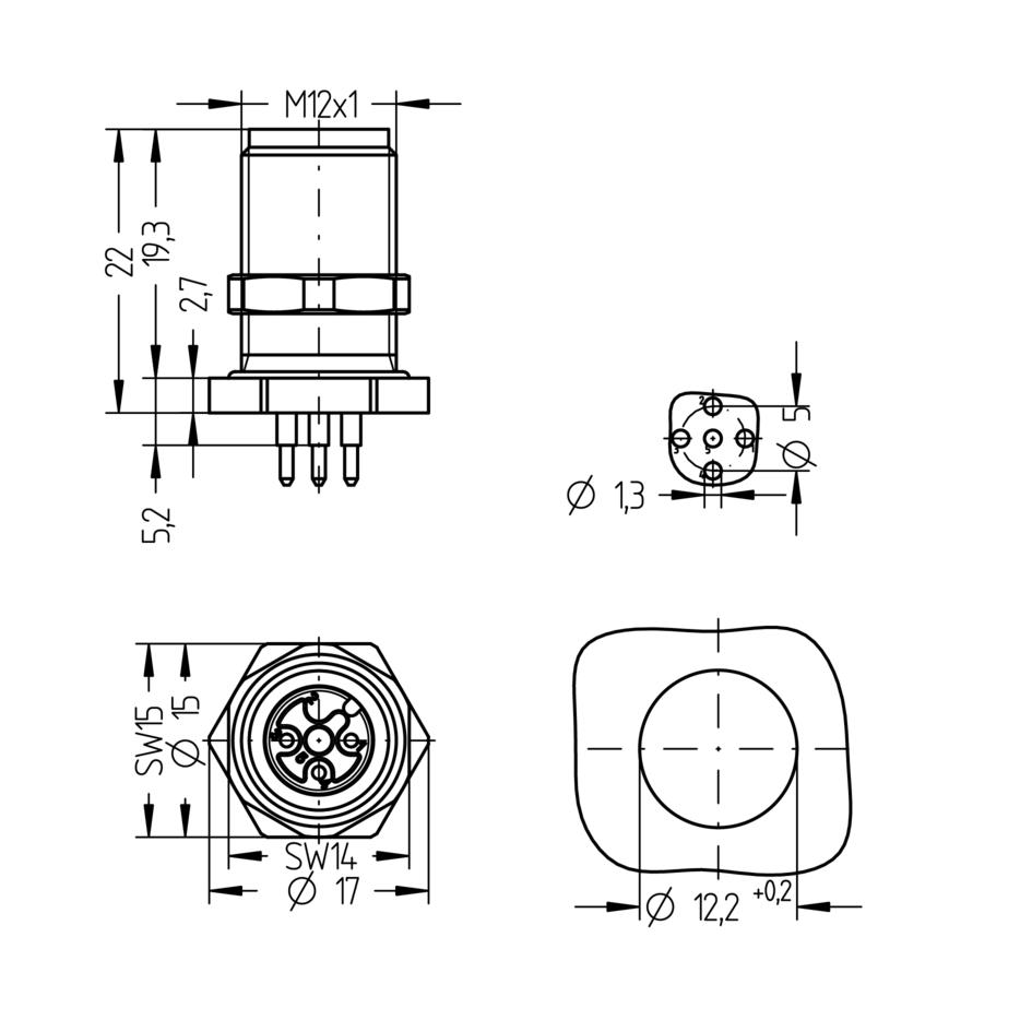 Flansch, M12, Stecker, gerade, 4+PE, Hinterwandmontage, Printanschluss