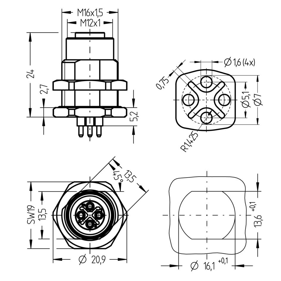 Receptacle, M12, female, straight, 2+PE, S-coded, back wall-mounting, print contact, POWER