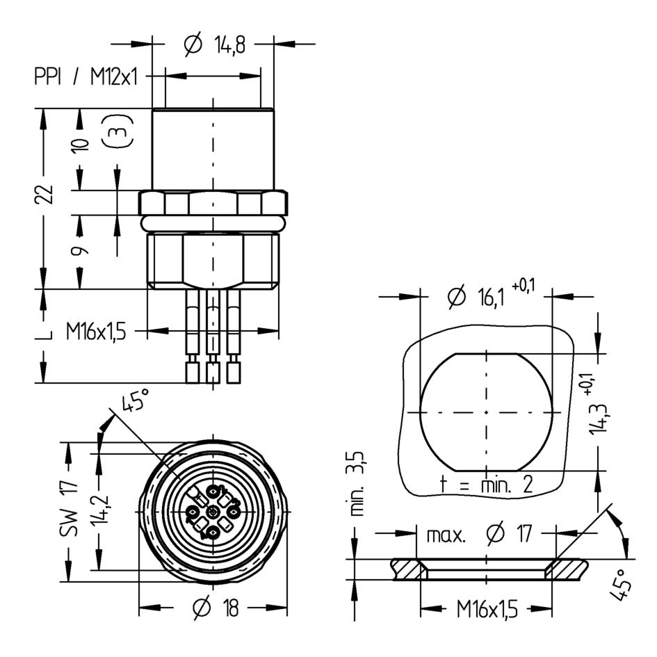Receptacle, M12, Push-Pull inner locking, female, straight, 4 poles, front wall-mounting, wire contact
