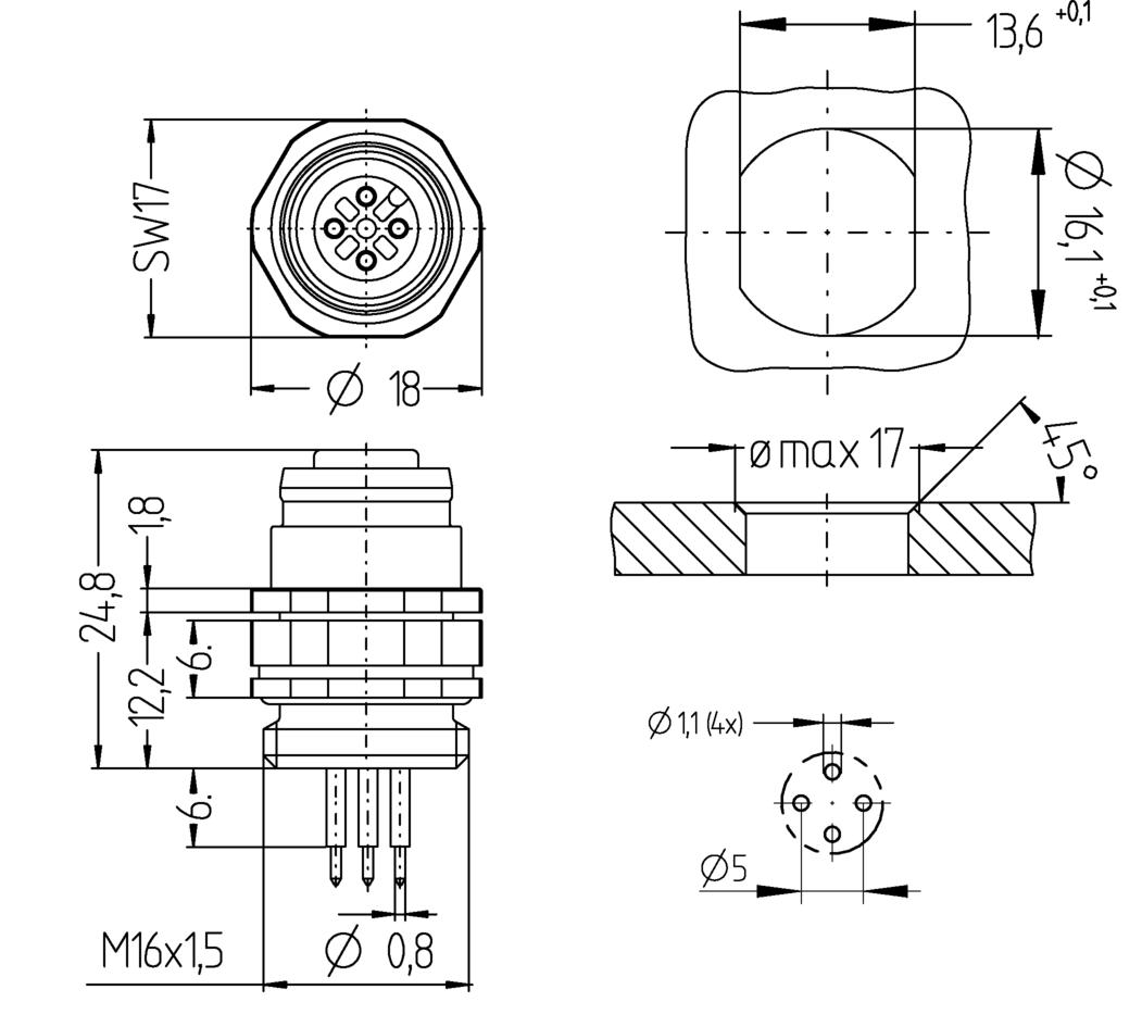 Receptacle, M12, female, straight, 4 poles, D-coded, front wall-mounting, print contact, Industrial Ethernet