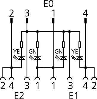 Y-Verteiler, M12, Stecker, gerade, 4-polig, mit Kabelabgang, M12, Buchse, gewinkelt, 4-polig, M12, Buchse, gewinkelt, 4-polig, mit LED