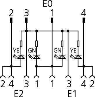 Y-splitter, M12, male, straight, 4 poles, with cable outlet, M12, female, angled, 4 poles, M12, female, angled, 4 poles, with LED