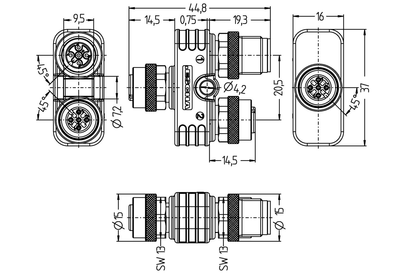 Y-splitter, M12, female, straight, 5 poles, M12, male, straight, 5 poles, M12, female, straight, 5 poles, shielded