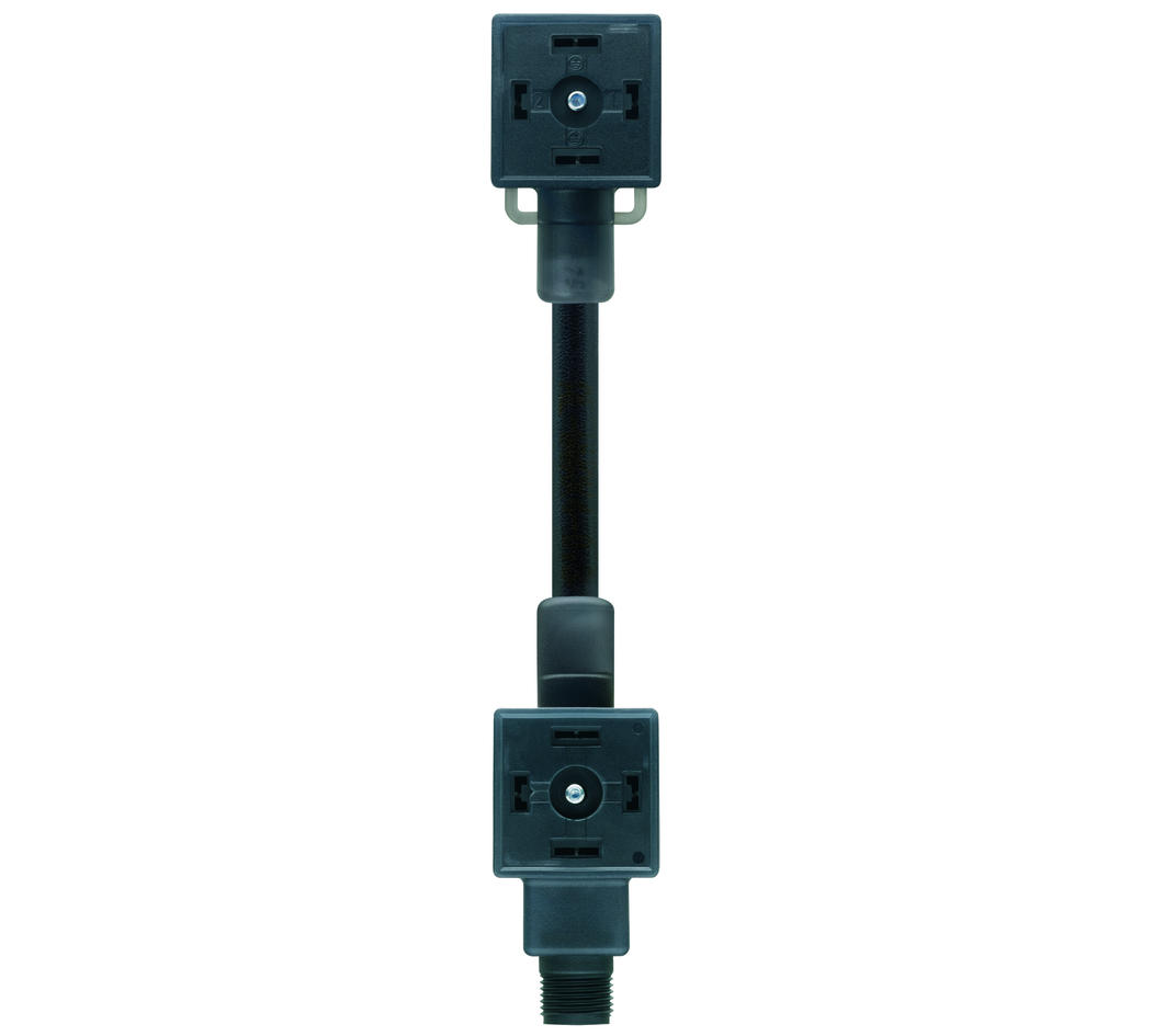 Double-valve connector, housing style A, 2+PE bridged, suppressor diode, M12 contact, sensor-/actuator cable