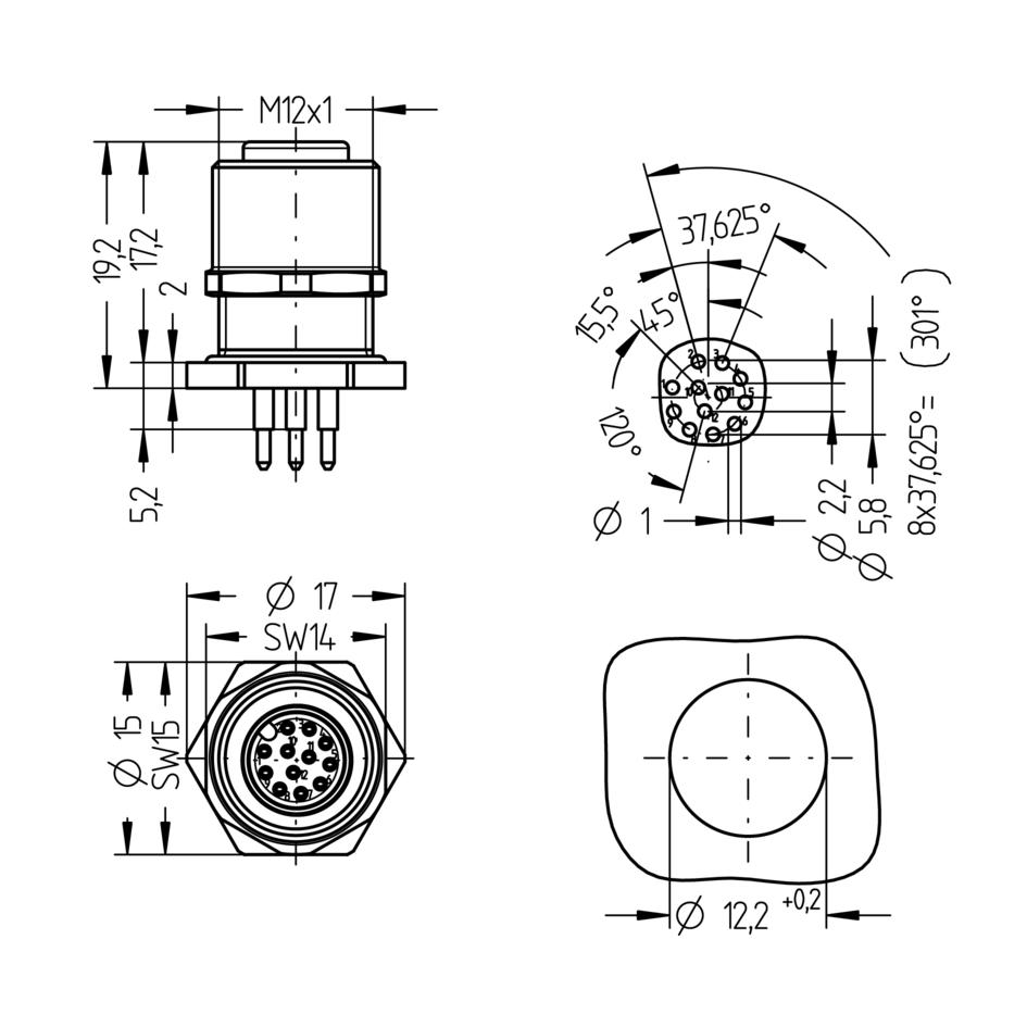 Receptacle, M12, female, straight, 12 poles, back wall-mounting, print contact