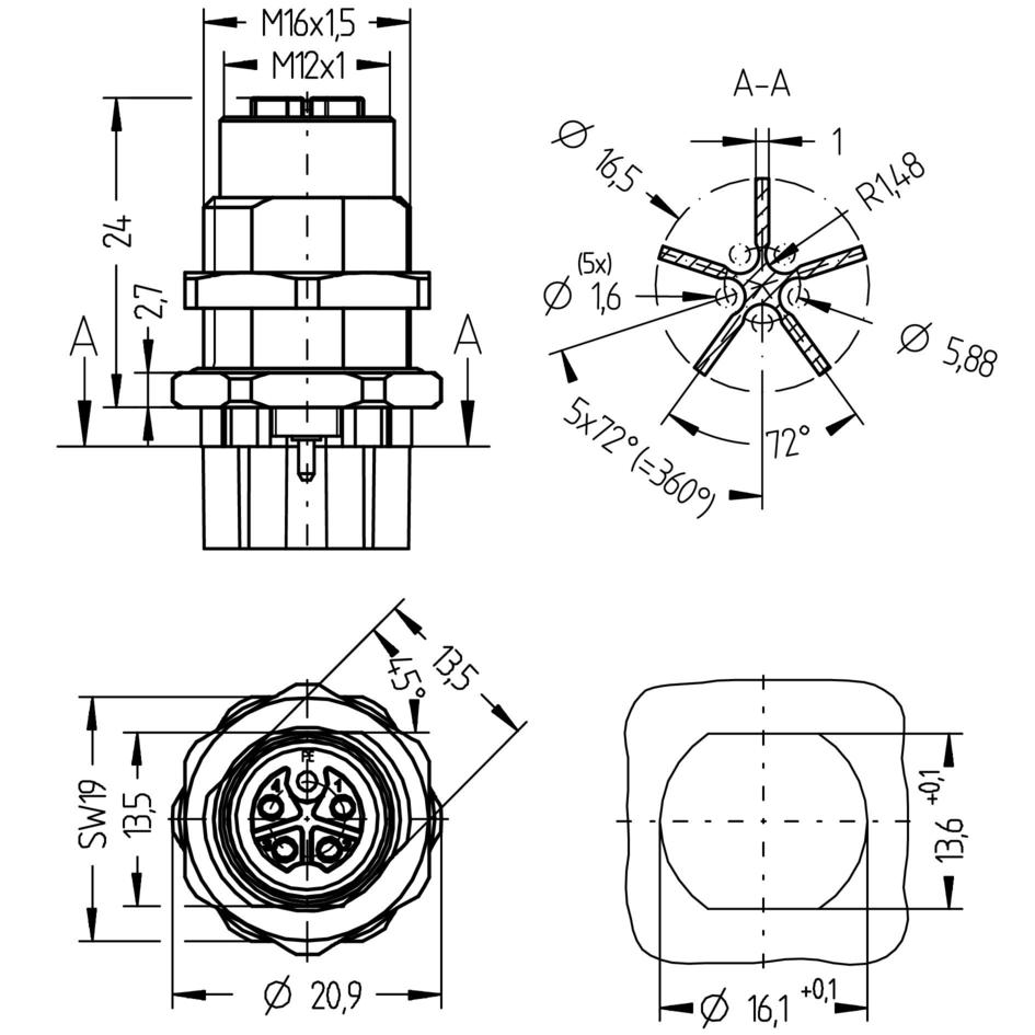 Flansch, M12, Buchse, gerade, 4+PE, K-codiert, Hinterwandmontage, mit Isolierkreuz, Printanschluss, POWER