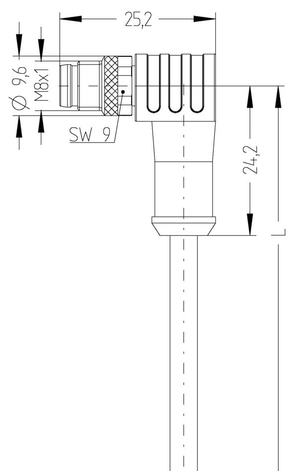 M8, 母头, 弯型, 4针脚, M8, 公头, 弯型, 4针脚, 屏蔽, 传感器/执行器电缆
