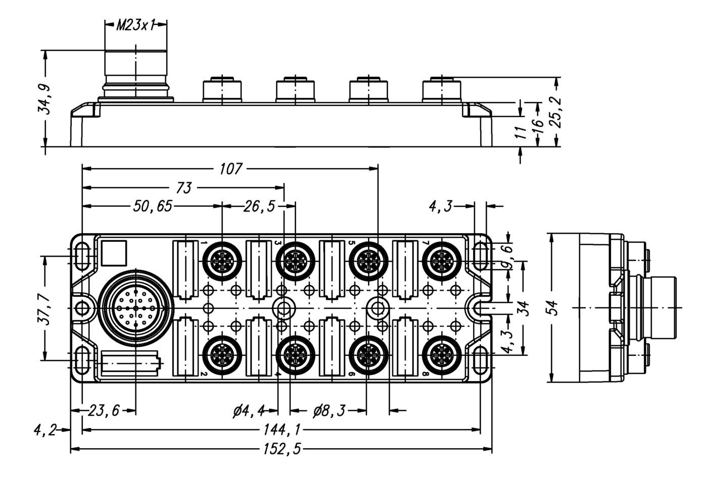 I/O-junctions passive, 8 ports, top contact, M12, female, 3+PE, M23, male, 12 poles