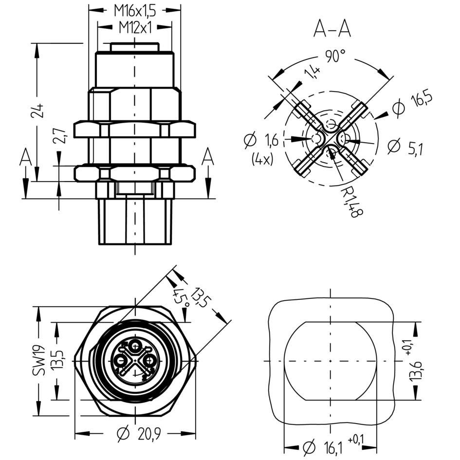 Receptacle, M12, female, straight, 2+PE, S-coded, back wall-mounting, with insulating cross, print contact, POWER