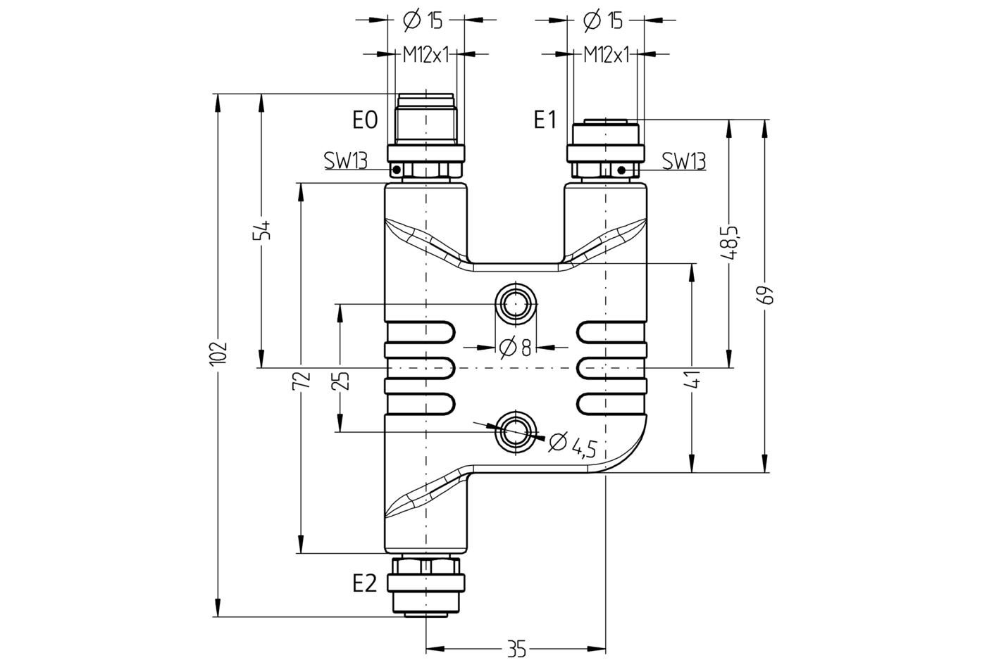 h-splitter, M12, male, straight, 4 poles, T-coded, M12, female, straight, 4 poles, T-coded, POWER