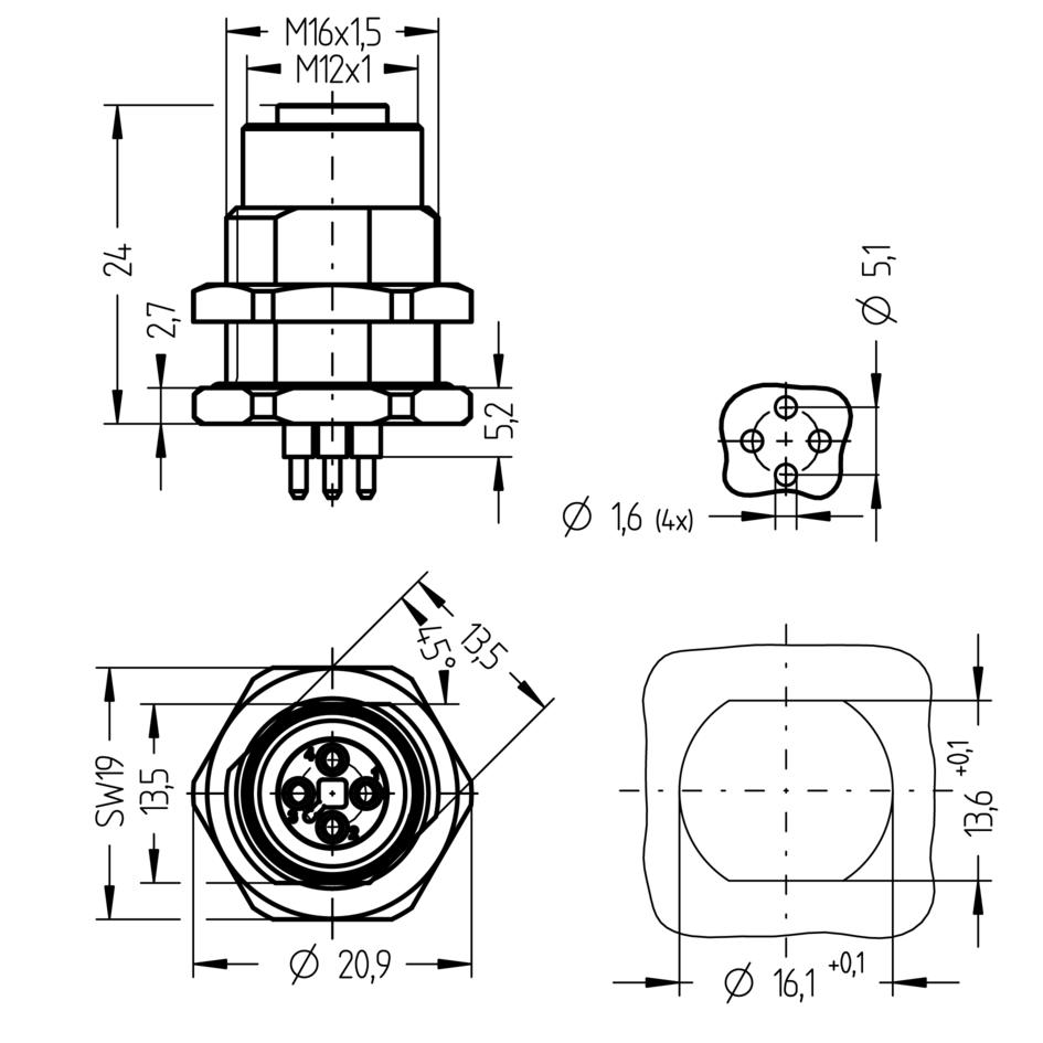 Receptacle, M12, female, straight, 4 poles, T-coded, back wall-mounting, print contact, POWER