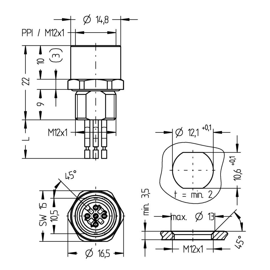 Receptacle, M12, Push-Pull inner locking, female, straight, 4+PE, front wall-mounting, wire contact