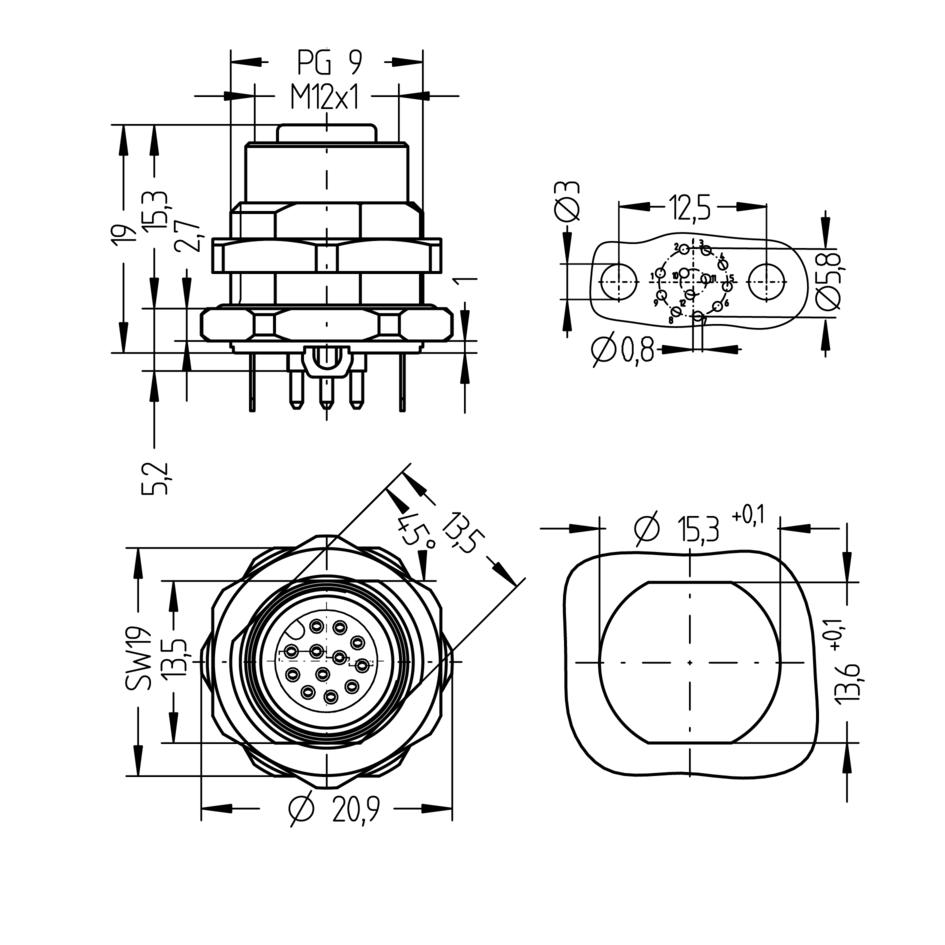 Receptacle, M12, female, straight, 12 poles, back wall-mounting, print contact, shielded