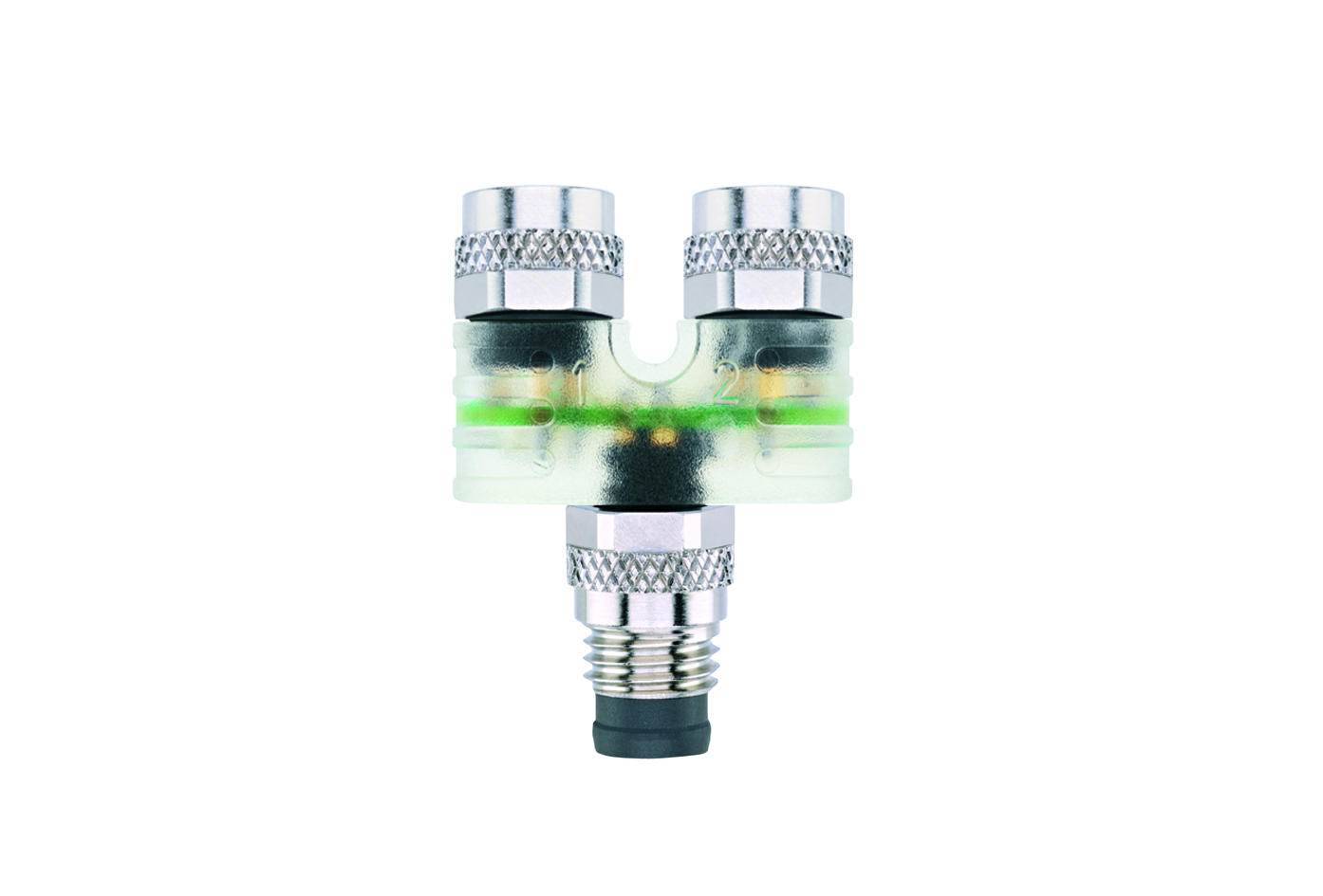 Y-Verteiler, M8, Stecker, gerade, 4-polig, M8, Buchse, gerade, 3-polig, M8, Buchse, gerade, 3-polig, mit LED