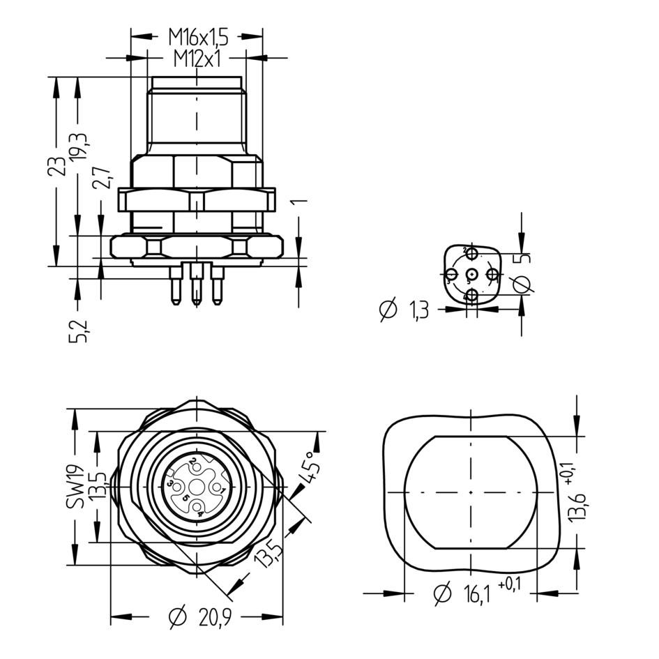 Receptacle, M12, male, straight, 4 poles, D-coded, back wall-mounting, print contact, Industrial Ethernet
